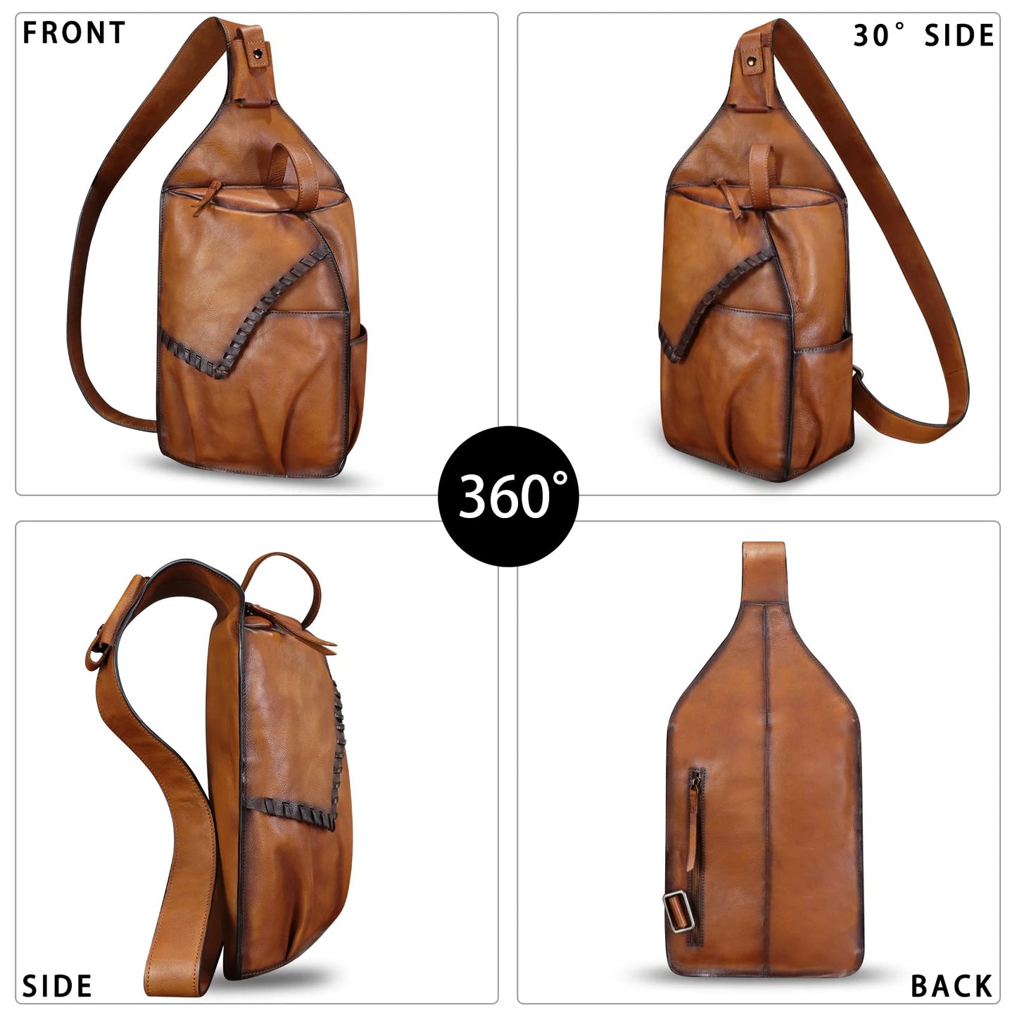 FEIGITOR Genuine Leather Sling Bag for Men Handmade Retro Crossbody Backpack Purse Hiking Daypack Chest Shoulder Fanny Pack (Brown)