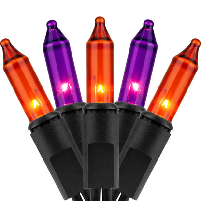 YULETIME 200 Orange Purple Halloween Lights, 2-Set 21 ft 100 ct Black Wire