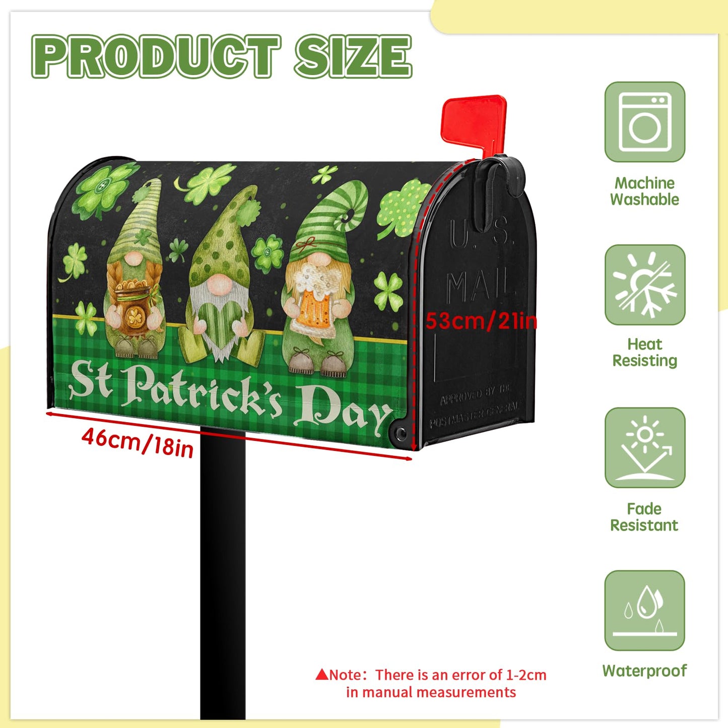 VentuCoven St Patricks Gnomes Mailbox Cover - Shamrock Mailbox Covers Magnetic Standard Size 21x18 in -Decoration for Garden - Green Clover