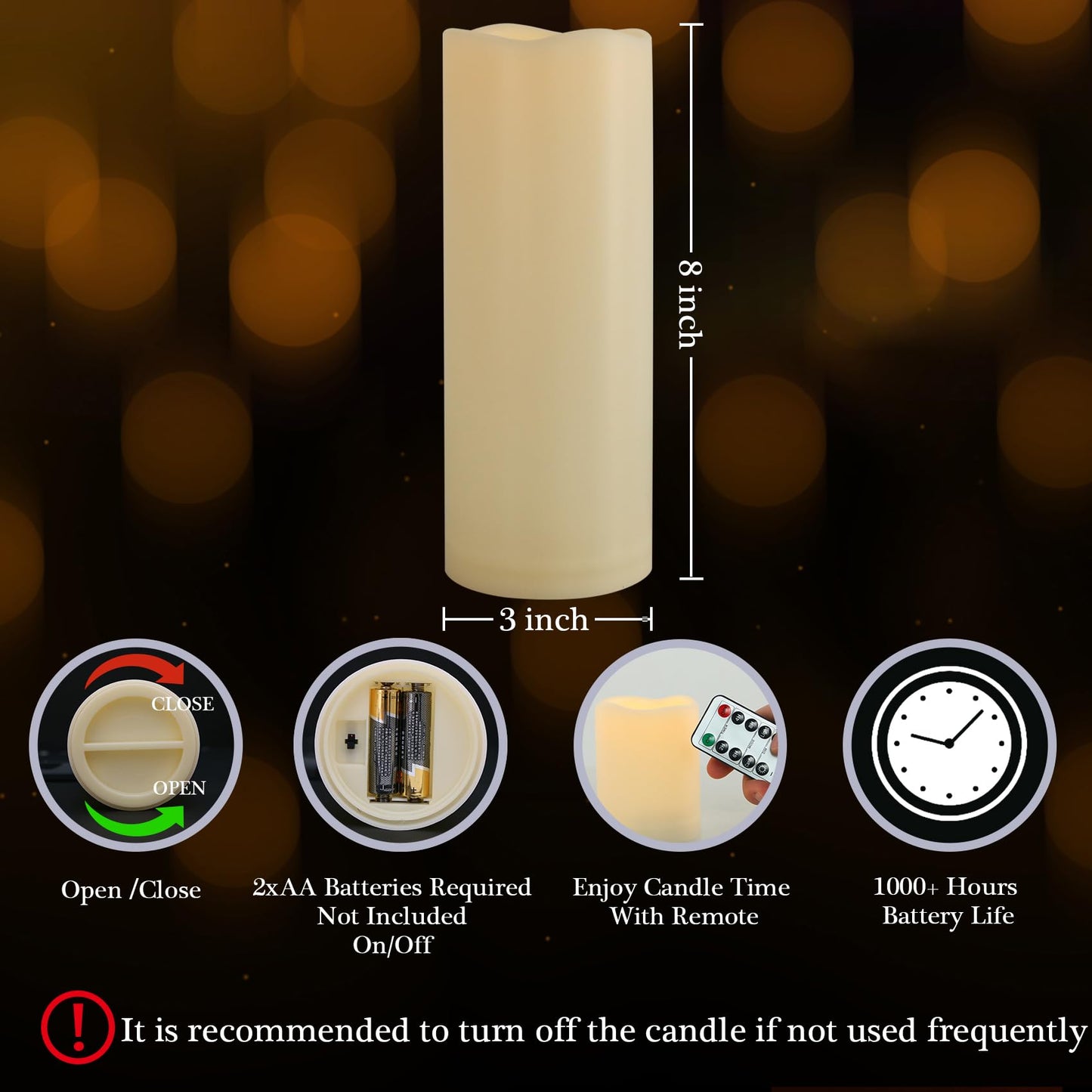 7LinRay 1 Pack 3" x 8" Outdoor Flameless Candles with Remote and Timer, Battery Operated Flickering LED Flameless Pillar Candles for Wedding Home Decoration, Ivory, Plastic