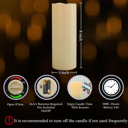 7LinRay 1 Pack 3" x 8" Outdoor Flameless Candles with Remote and Timer, Battery Operated Flickering LED Flameless Pillar Candles for Wedding Home Decoration, Ivory, Plastic