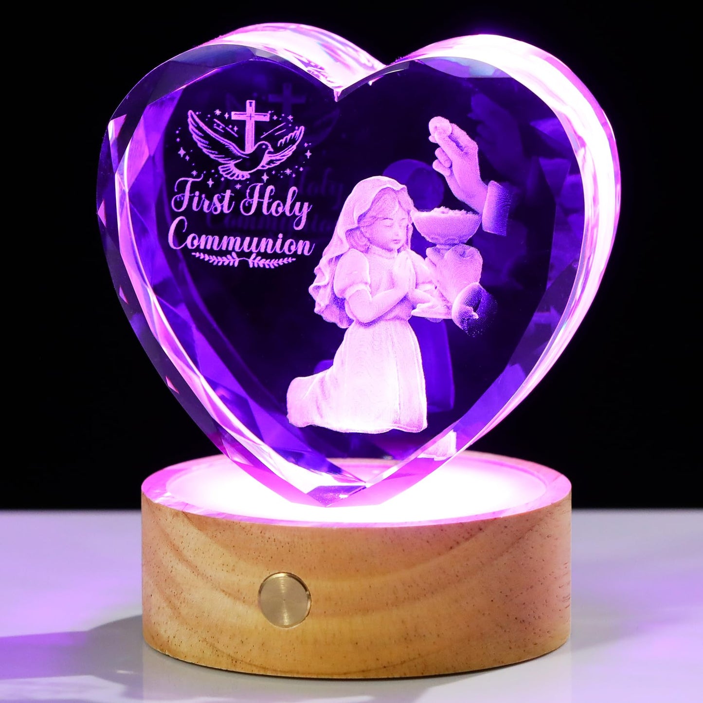 Arikyrist 3D Crystal First Holy Communion Gifts for Girls Women Crystal Heart Laser Engraving Communion Baptism Statue with Wooden Light Base Glass Religious Catholic Christian Decor