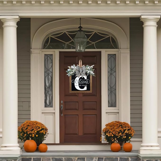 Ultra Large 14'' Last Name All Year Round Front Door Wreath with 26 Initial Letter Welcome Sign All Seasons Eucalyptus Garland and Bow Wreaths for Front Door Porch Farmhouse Decoration (C)