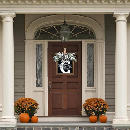 Ultra Large 14'' Last Name All Year Round Front Door Wreath with 26 Initial Letter Welcome Sign All Seasons Eucalyptus Garland and Bow Wreaths for Front Door Porch Farmhouse Decoration (C)