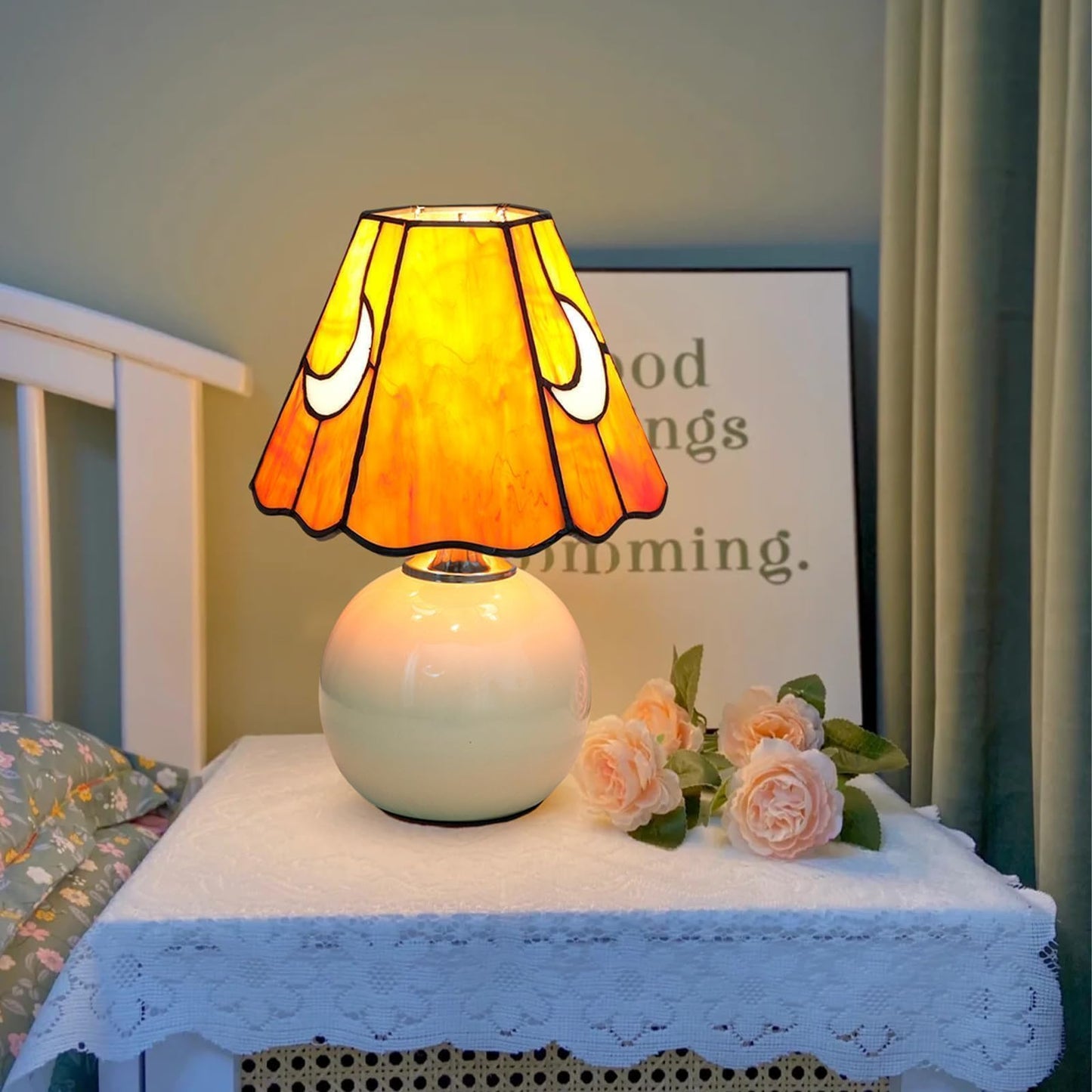 KIPHEPI Tiffany Style Bedside Table Lamp Stained Glass Moon Mushroom Lamp for Bedroom Small Nightstand Lamps for Home Decor Living Room Bedroom Study Nursery Dorm, Orange