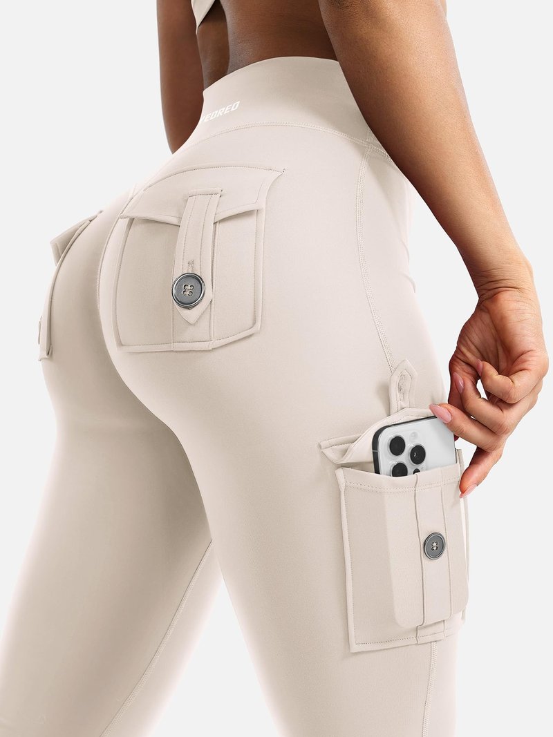 YEOREO CoreFlex Women Workout Flare Leggings with Pockets Hidden Scrunch High Waisted Cargo Gym Yoga Leggings Light Khaki M
