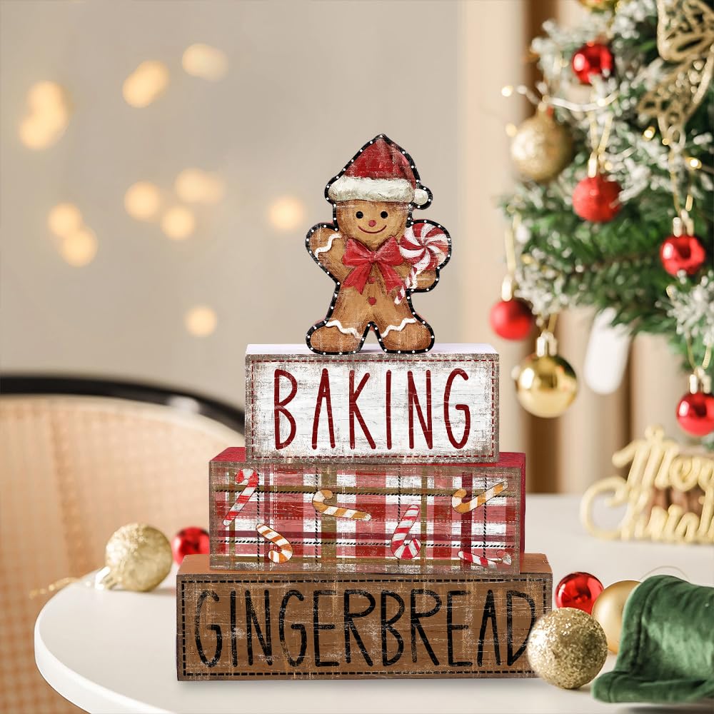 DIYDEC 4Pcs Christmas Table Decoration Gingerbread Man Wooden Block Sign Christmas Tiered Tray Decor Centerpiece Decorative Sign for Xmas Holiday Tabletop Coffee Fireplace Shelf Desk Party Decor
