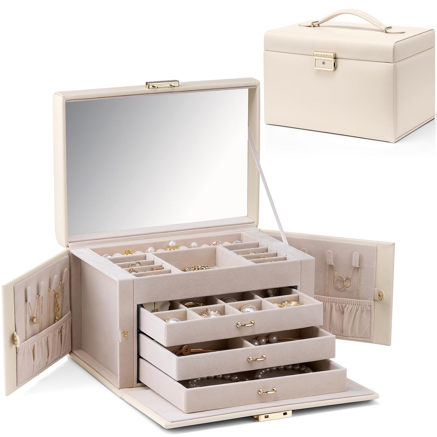 VLANDO Jewelry Box for Mothers Day Teacher Appreciation Gifts, 4-Tier Jewelry Organizer with Lock, Mirror Jewelry Box for Earring, Ring, Necklace, Jewelry Storage for Women Girls - Beige
