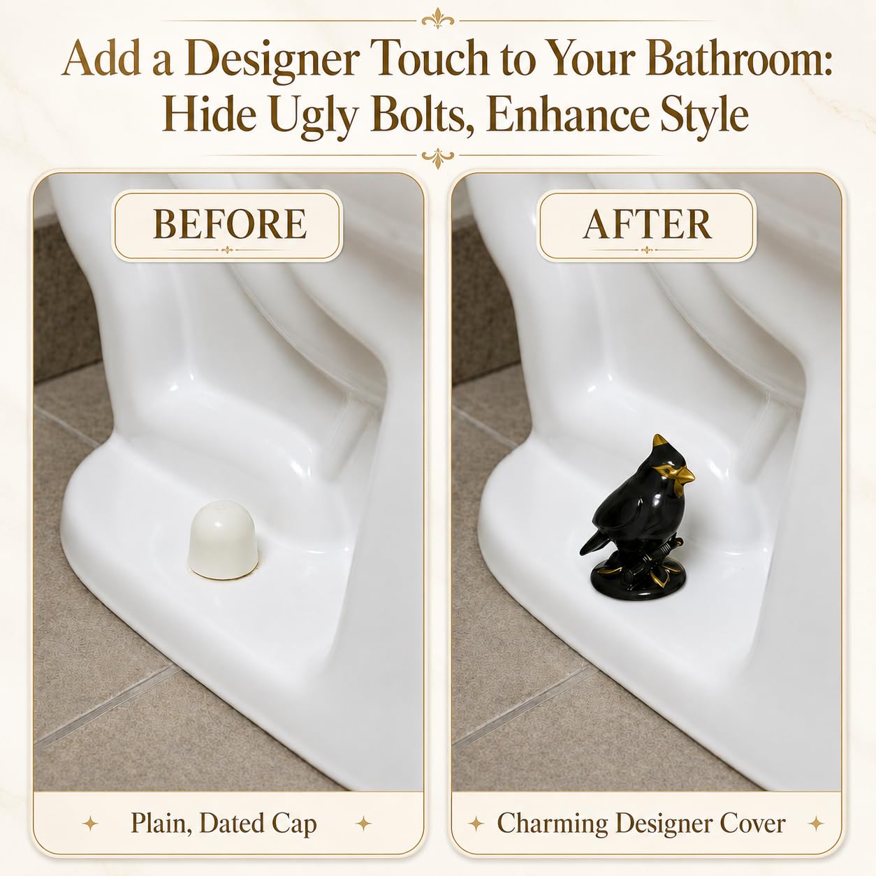 Cardinal Bird Toilet Bolt Covers, 2 Pcs Matte Black Ceramic Toilet Screw Cover Caps with White Floor Bolt Caps & Washers, Gothic Bathroom Decor