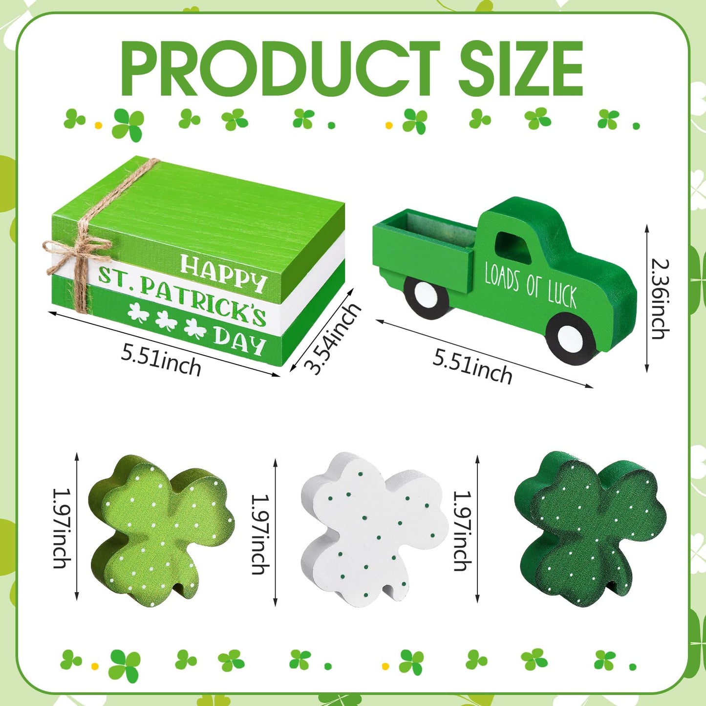 DoubleFill 7 Pcs St Patricks Day Decorations St Patricks Day Tiered Tray Decor Irish Wood Lucky Shamrock Table Centerpiece Decor 3 Faux Books Bundle with Twine Green Truck Sign for Bookshelf Home Gift