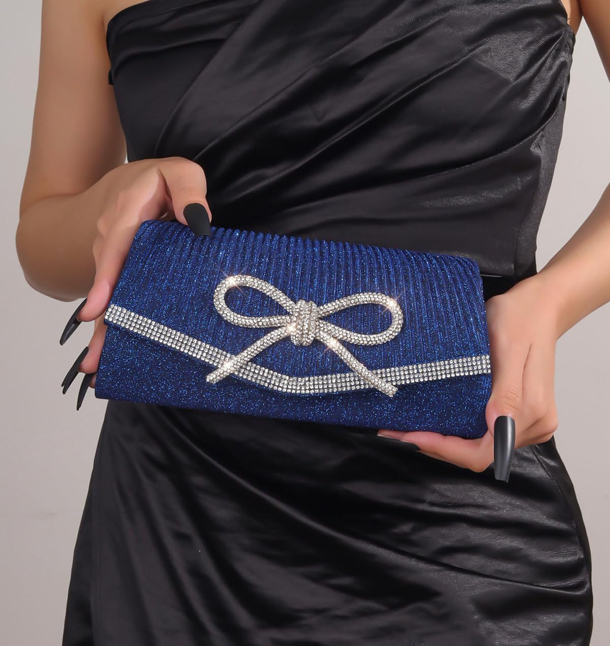 Trisapu Bow Evening Bag Sparkly Clutch Purses for Women Wedding Glitter Rhinestone Party Prom Purse Dressy Clutch Bags Blue