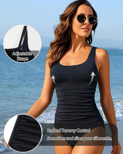 Aqua Eve Tankini Tops for Women Swimwear Top Only Tummy Control Bathing Suit Top No Bottom (Available in Plus) Black 24W