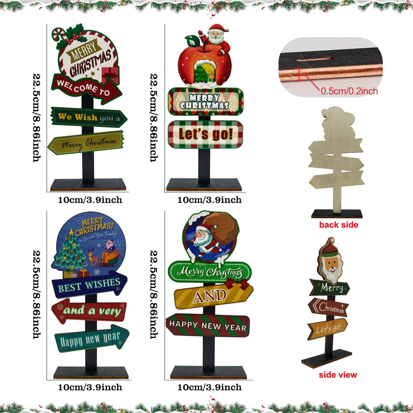 YvSuZeBuDa Christmas Table Decorations, 4 Piece Wooden Rectangular Sign Boards, Rustic Farmhouse Style, Polychrome, 8.86 x 4.72 Inches, Wall Mount with Twine, Cozy Theme (Christmas Apple)