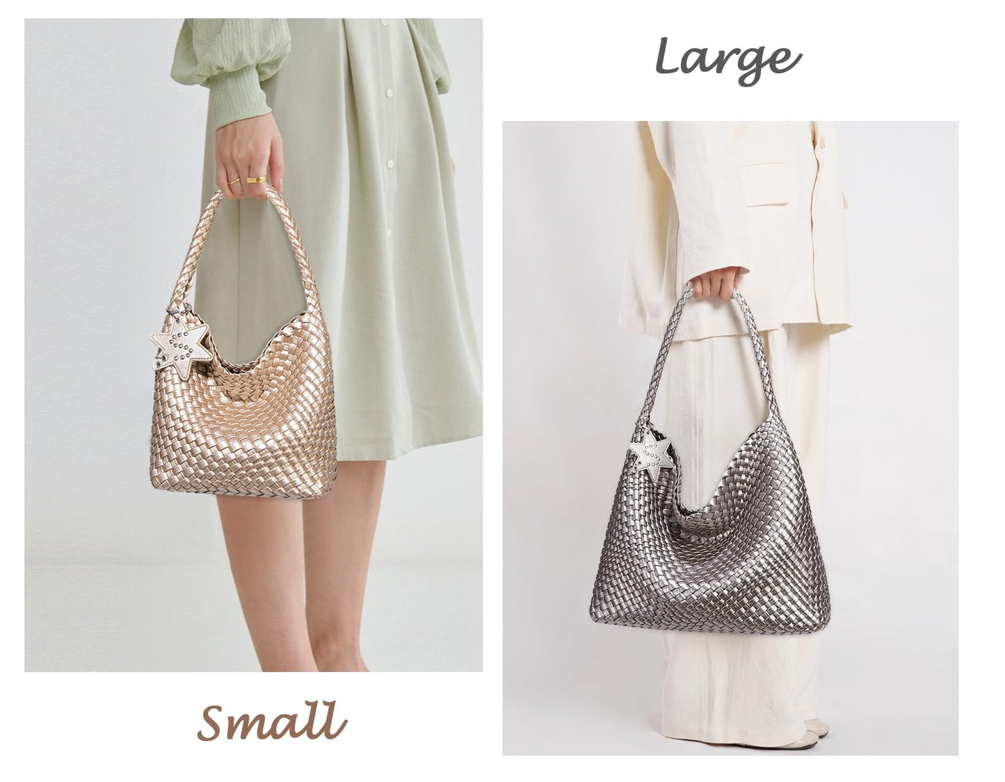 Leather Woven Tote Bag, Vegan Leather Slouchy Hobo Bag for Women, Large Shoulder Handbag Woven Purse (Gold-Large)