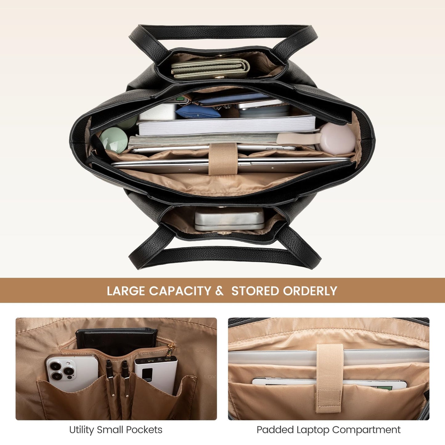 LOVEVOOK Laptop Tote for Women - 15.6 Inch Faux Leather Laptop Bag with Clutch, Large Capacity Office Purse Computer Briefcase for Casual Business Travel,Apricot
