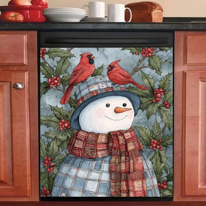 Snowman Dishwasher Magnet Cover - Holiday Kitchen Christmas Decorative, Cardinal Birds Magnetic Dishwasher Cover, Xmas Wreath Decal Dishwasher Magnetic Sticker, 23"x26"