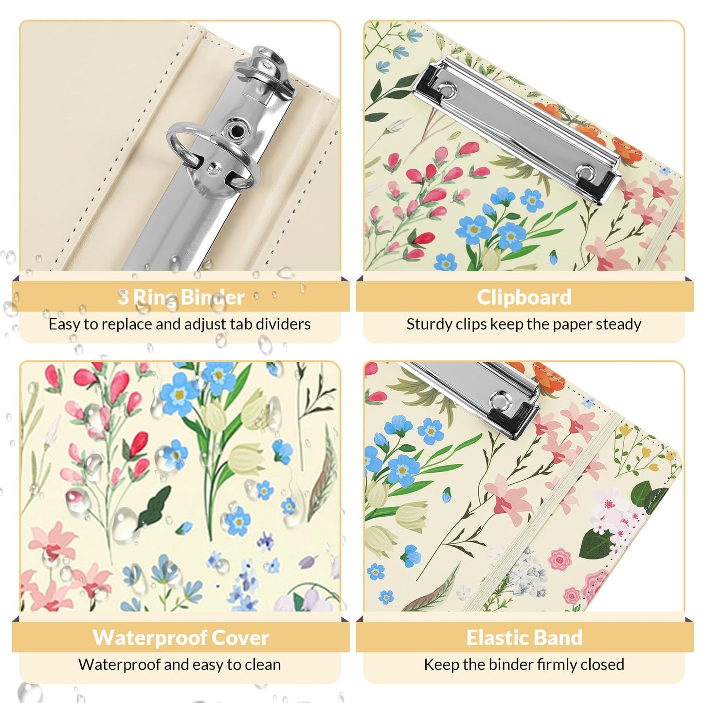 SKYDUE 1 Inch 3-Ring Binder with Clipboard, PU Aesthetic Binder with 5 Dividers, Notepad, Stickers & Pockets for Work and School (Letter Size)