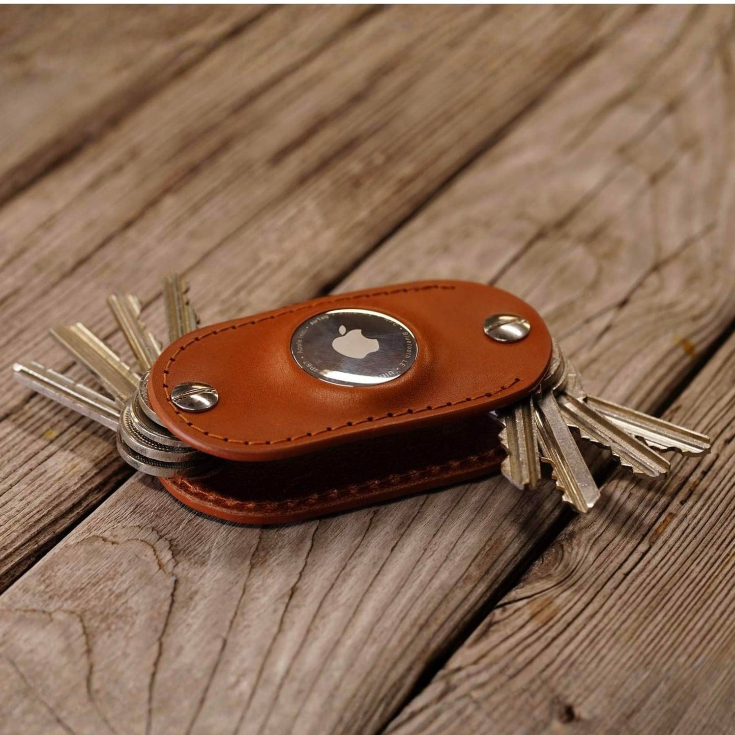Leather Key Organizer Compatible with Apple AirTag | Handmade Full Grain Leather Keychain Compatible With Tracking Device (Honey)