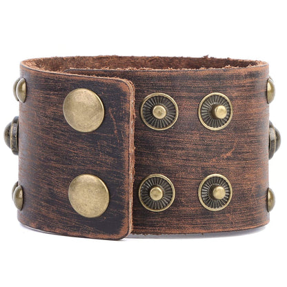 STWTR Men's leather wide waistband Wrist Cuff Bracelet Fashion Bracelet simple coffee adjustable