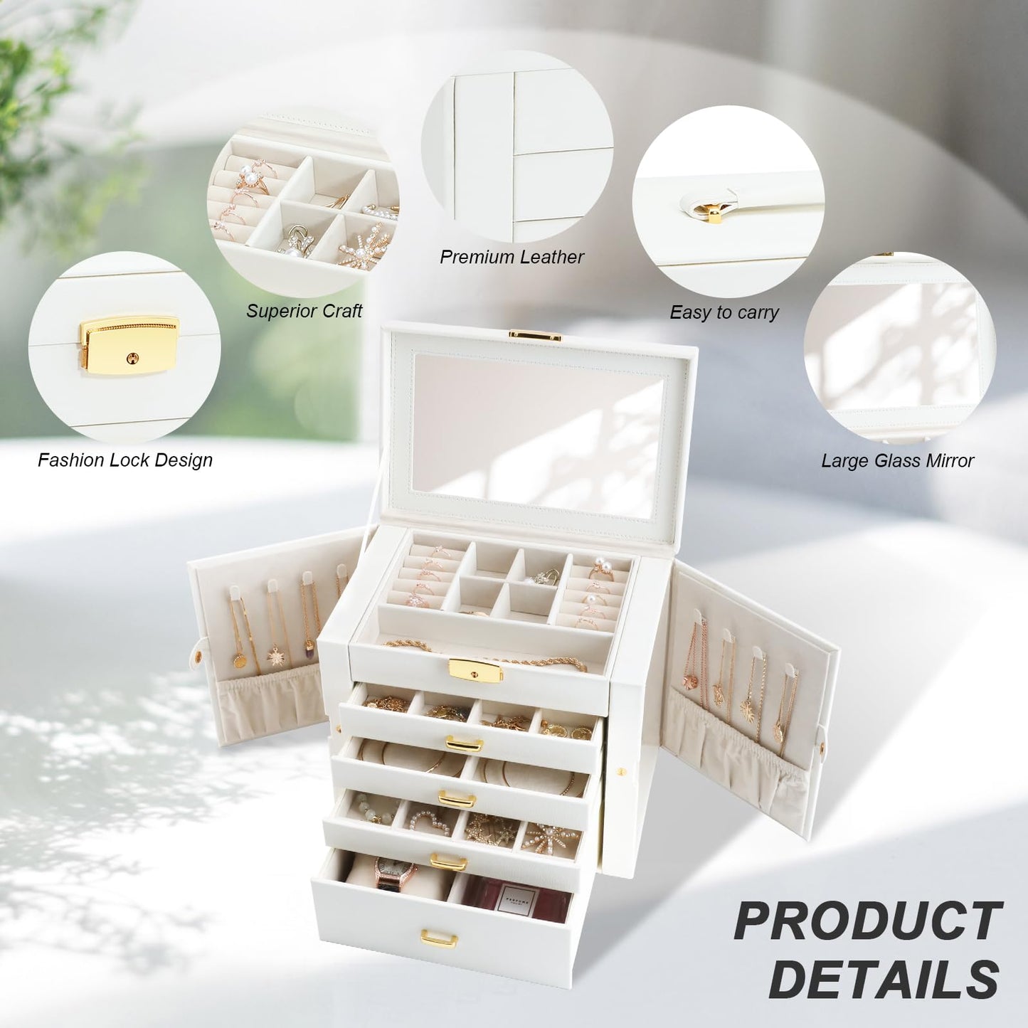 V-LAFUY Jewelry Holder Organizer, Large Jewelry Boxes for Women, 5 Layers 4 Drawers Jewelry Box with Handle Jewelry Organizer for Earrings Rings Necklaces Bracelets, White