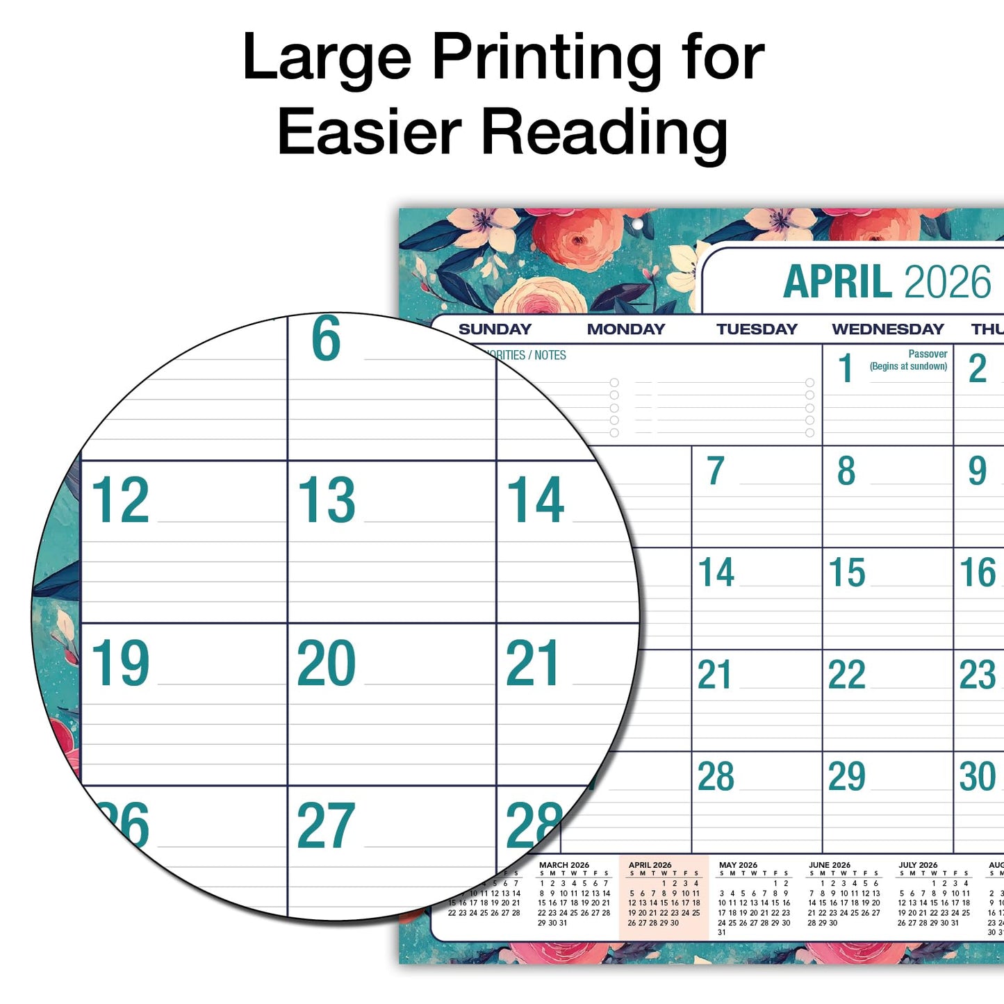 Desk PAD: 22" x 17" Large Print Desk Pad Calendar, APR 2026 - DEC 2027, 21 Months, (Teal Floral)