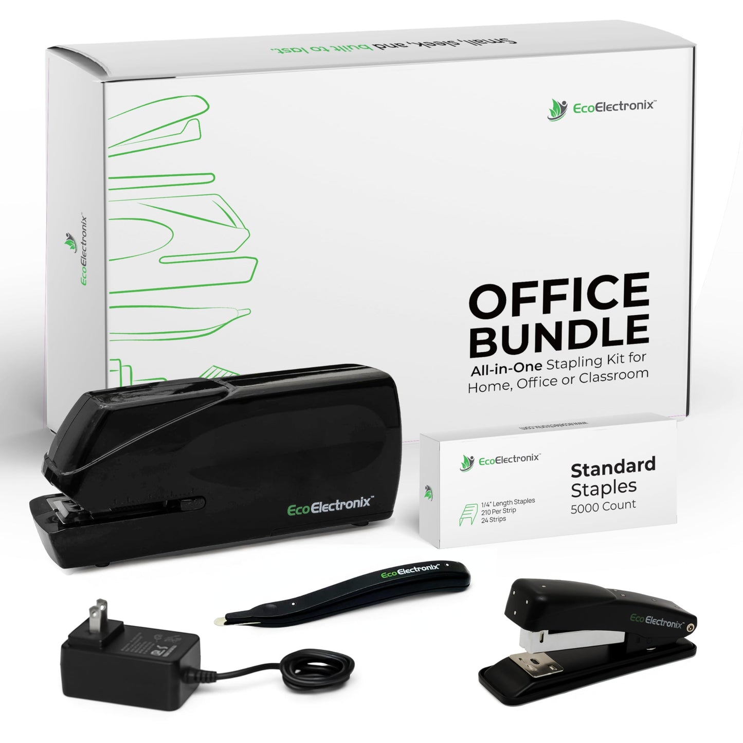 EcoElectronix Portable Stapler Bundle - 30 Sheet Capacity, Quiet Operation, Jam-Free and Easy Reload - AC Adapter/Battery Powered