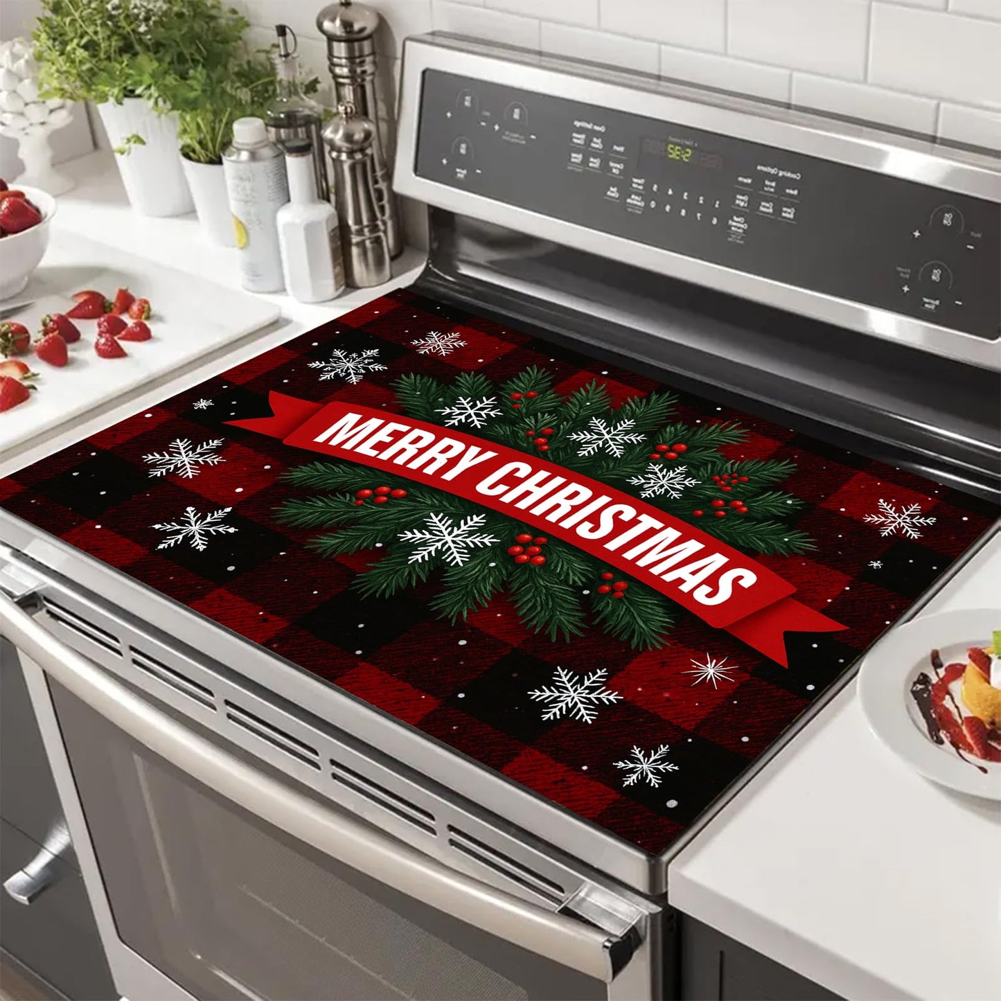 HOMETITUTE Glass Top Stove Cover Christmas Cooktop Protector 28x20 Inch Heat Resistant Silicone Stovetop Mat Holiday Kitchen Counter Cover Buffalo Plaid Snowflake Design