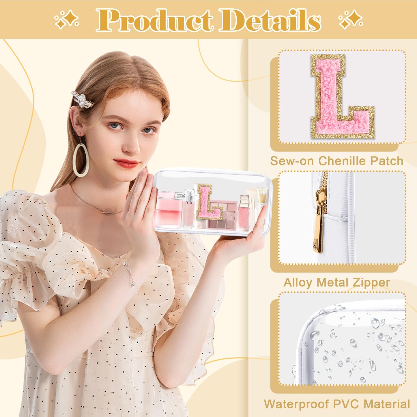 UIXIZQ Personalized Initial Letter Clear Makeup Bag,Preppy Small Nylon&PVC Cosmetic Zipper Bag with Chenille Letter,Travel Skincare Toiletry Bag,Monogram Christmas Gift for Teen Girls Women,L