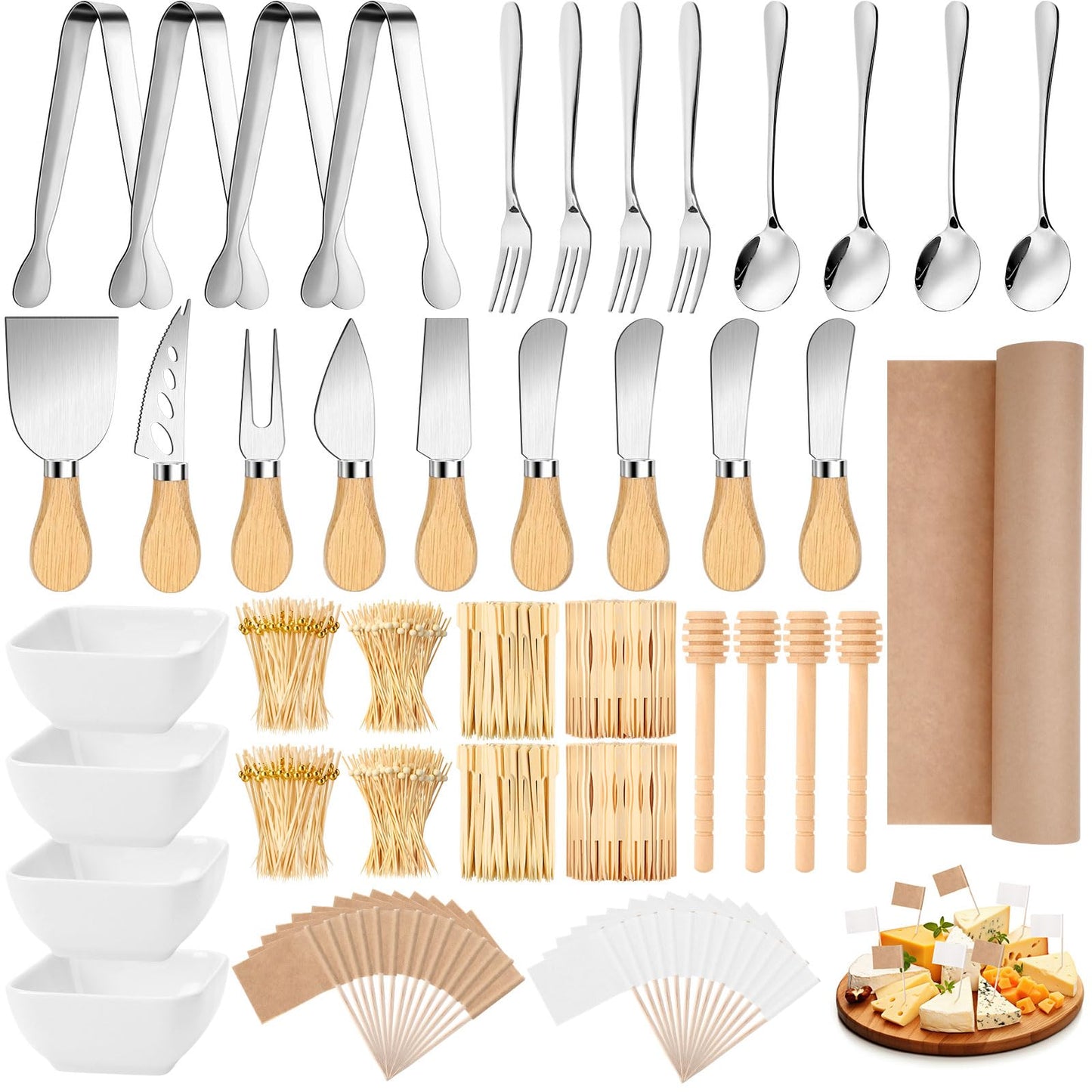 Widecook 270 Pcs Charcuterie Board Accessories Charcuterie Utensils Cheese Spreader Knife Set Butcher Paper Roll Serving Tong Fork Spoon Dipping Bowl Cocktail Pick for Party Christmas Wedding (Silver)