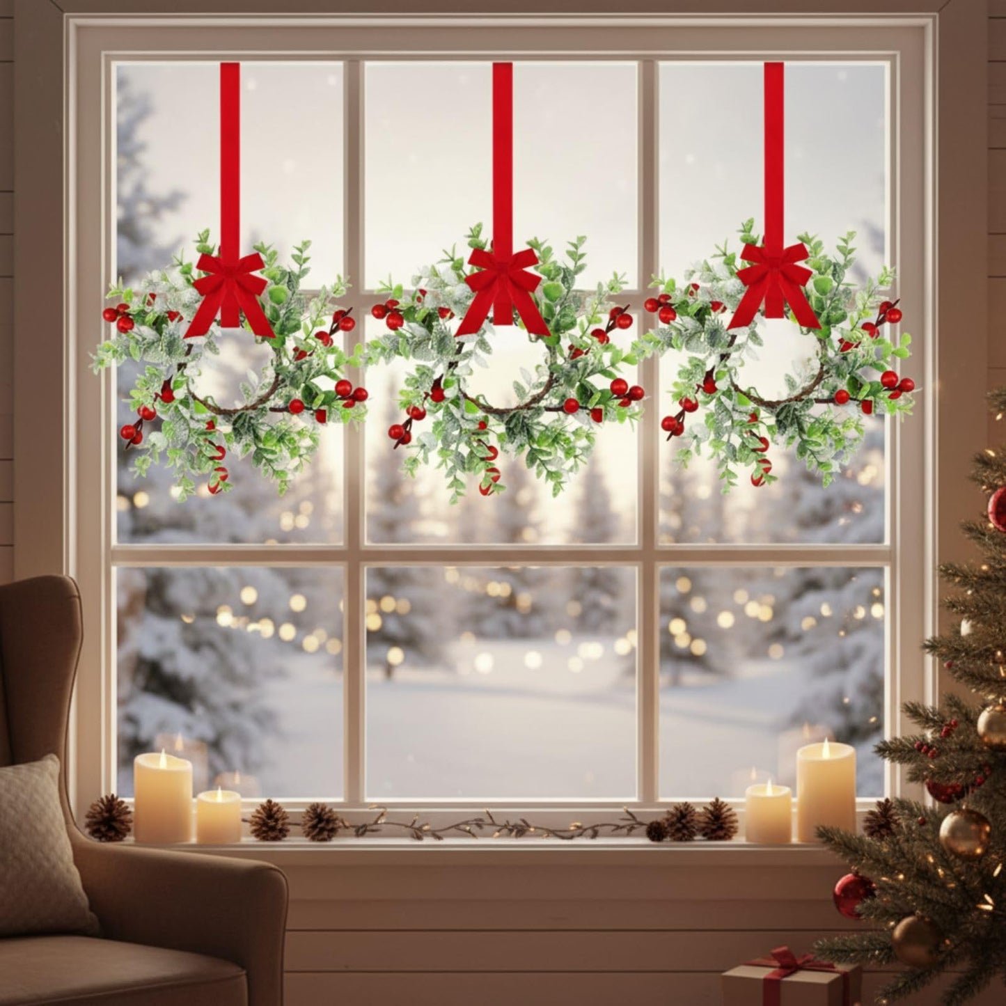 WILLBOND 8 Pieces 9.5" Mini Christmas Wreaths for Kitchen Cabinet Small Christmas Candle Rings Red Berries Wreath Pillar Candle Rings Xmas Hanging Garlands for Front Door Fireplace Window Decor