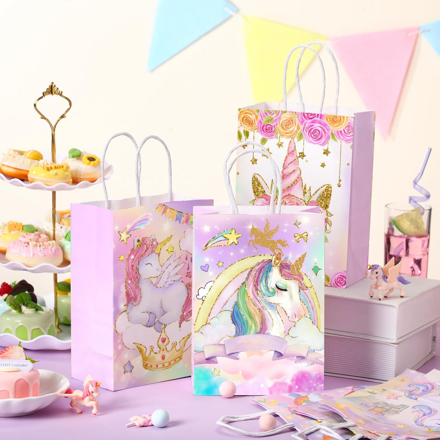Kolldenn 24 Pcs Unicorn Party Favor Bags for Birthday Party Supplies Cute Unicorn Gift Goodie Paper Bags with Handles Rainbow Goody Treat Candy Pouch‌ for Girls Birthday Baby Shower Decorations