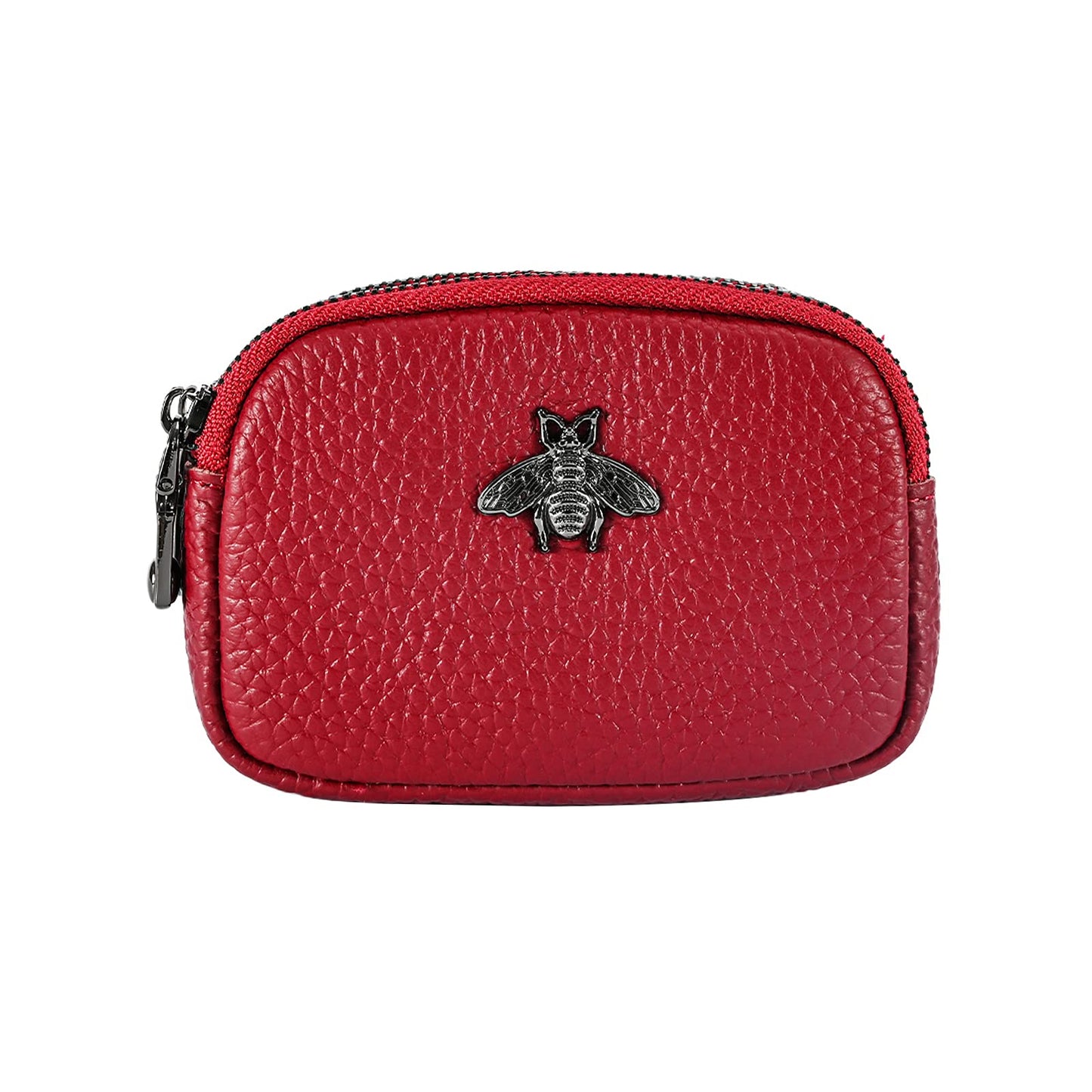 Yocipa Genuine Leather Coin Purse for Women Small Double Zipper Wallet Mini Change Pouch with Bee Charm for Cash Cards Keys Cute Compact Organizer (Wine Red)