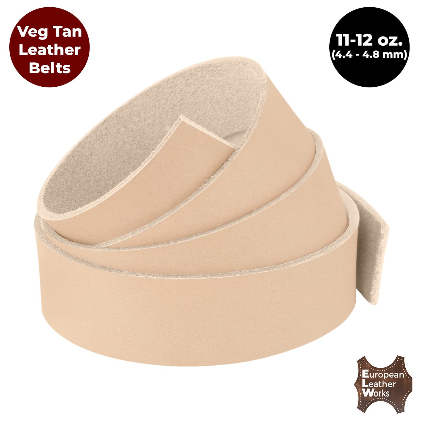 European Leather Works 11-12 oz. (4-4.8mm) Vegetable Tanned Leather Belt Blanks/Straps Size: 1-1/4"x60" (3.2x152.4cm) Full Grain Cowhide Tooling, Crafting, Knife Sheath, Furniture