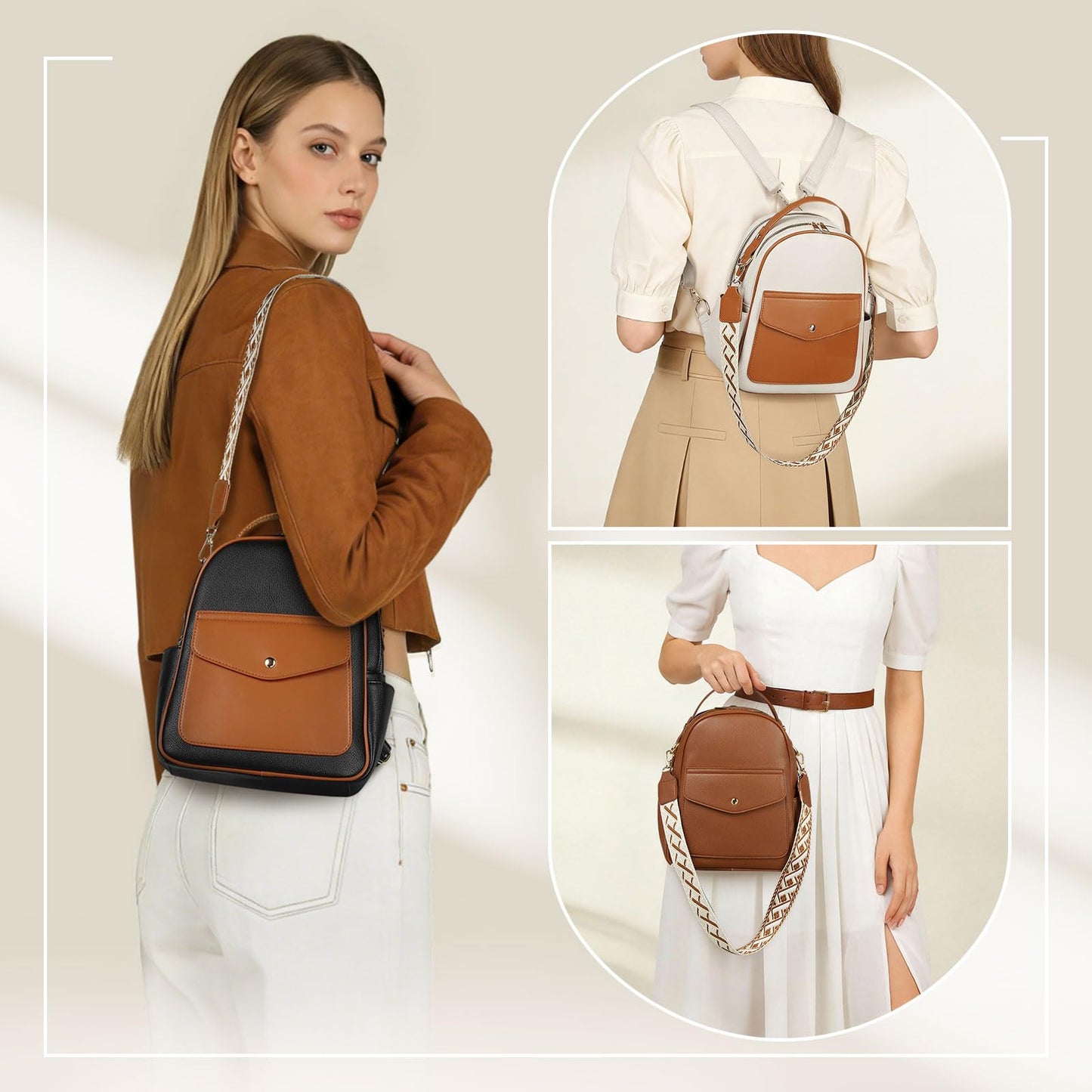 Convgo Small Backpack Purse for Women PU Leather Mini Backpack Travel Convertible Shoulder Bag with 3 Replaceable Shoulder Straps, Brown