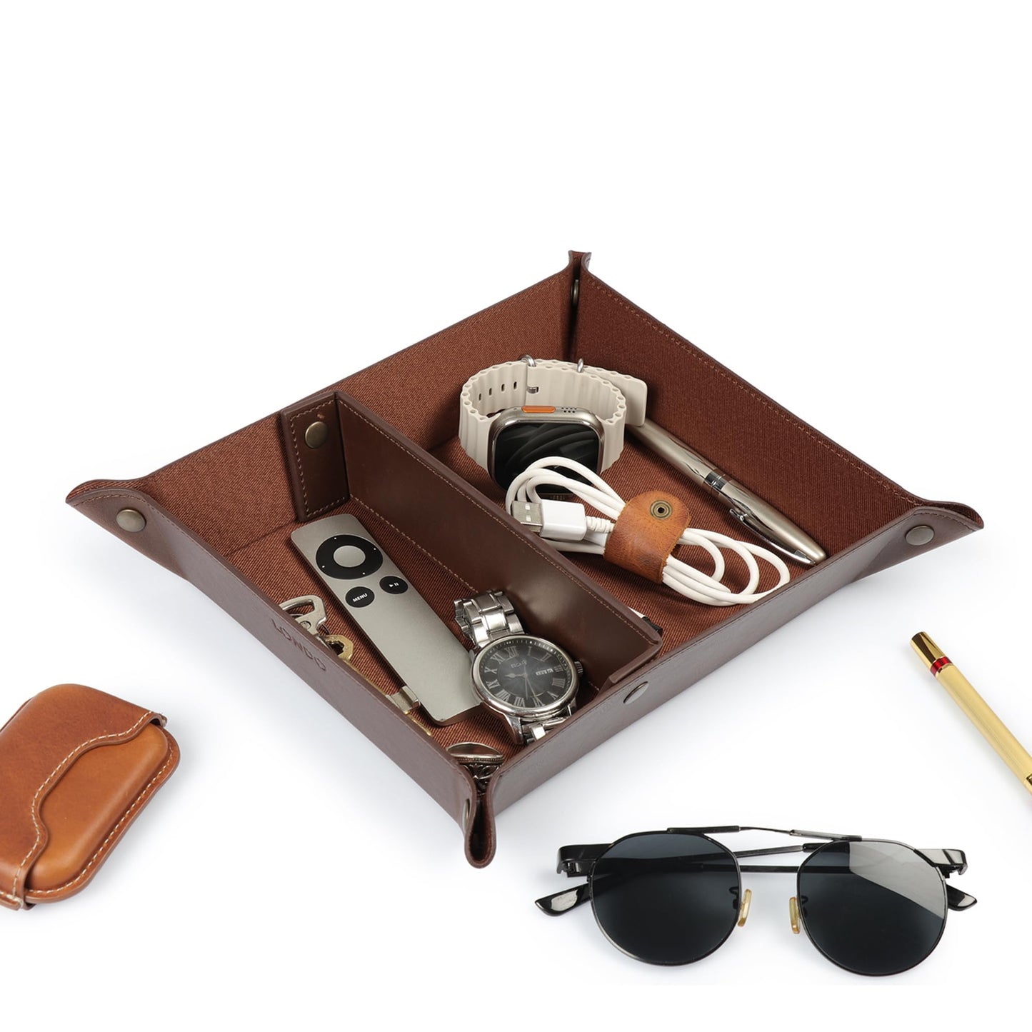 Londo PU Vegan Leather Valet Tray for Men — Catchall EDC for Keys, Wallet, Watch, AirPods — Nightstand & Entryway Tray, Snap Corners Fold Flat for Travel, 9.45 x 7.87 in, Dark Brown