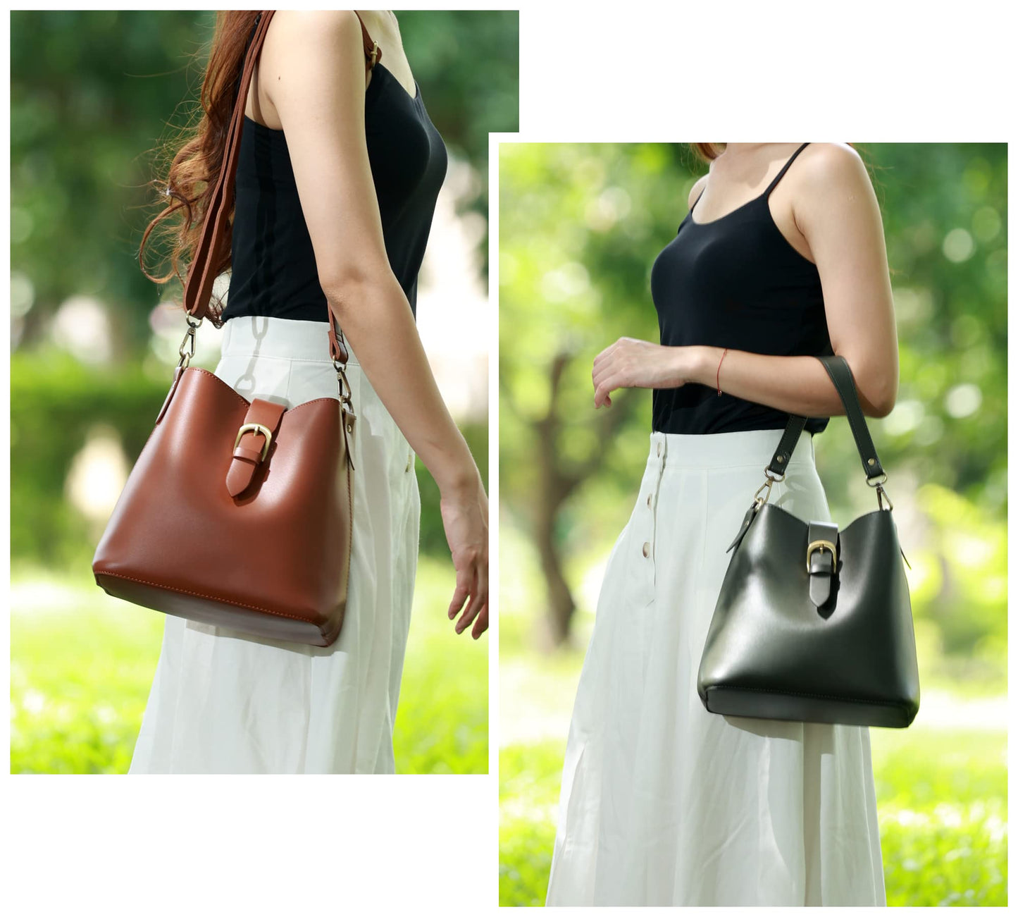 Town Bucket Vegan Leather Bag For Women (Light Brown Camel) Hobo Retro Faux Casual Purse Classic Vintage Simple Shoulder Handbag