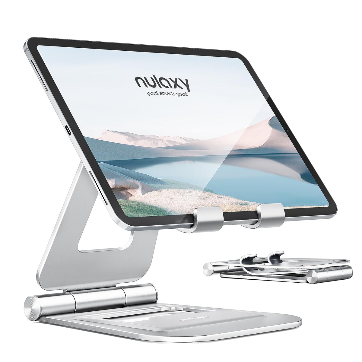 Nulaxy Aluminum Dual Foldable iPad Stand, Fully Adjustable Desktop Tablet Holder, Tablet Accessories for Office Kindle Compatible with Mobile Devices iPad Pro/Air/Mini, iPhone Pro/Max/Plus, Gray