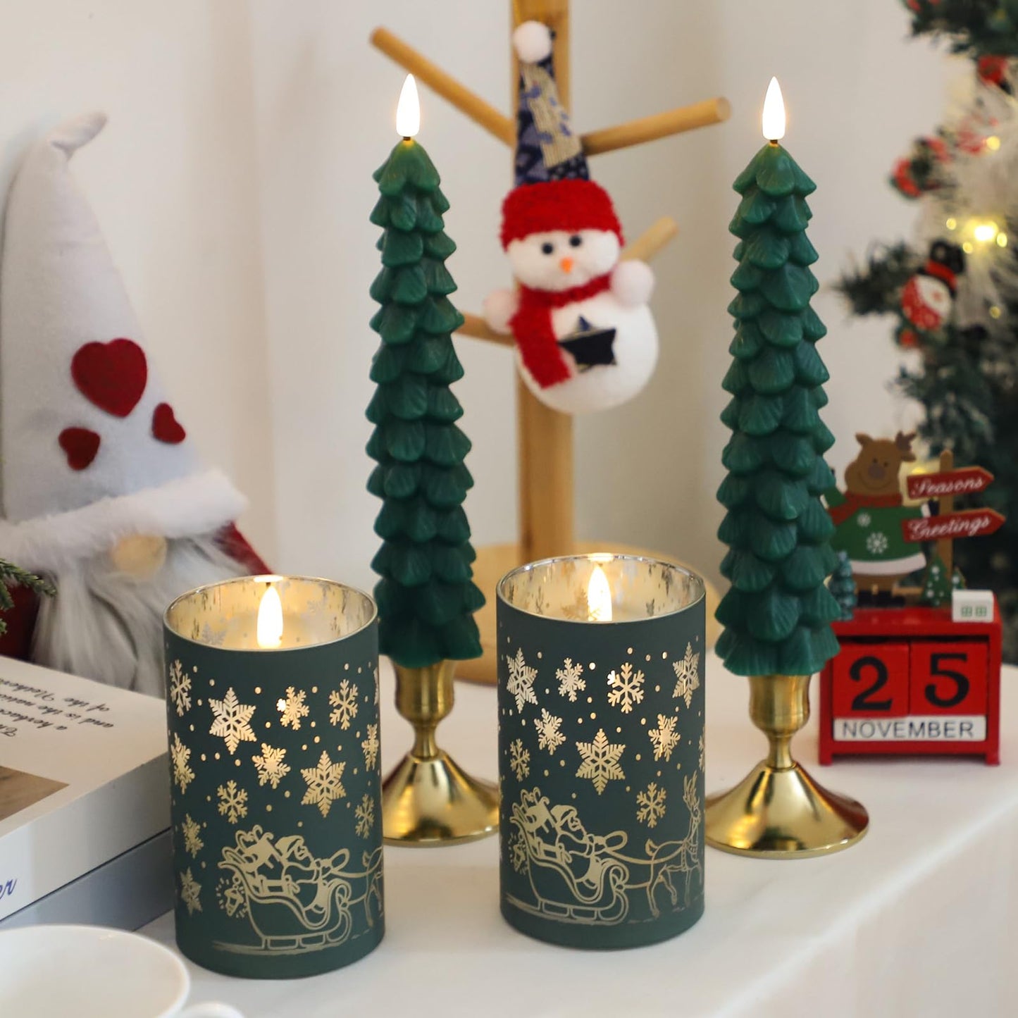 Lezonic Christmas Flameless Candles with Remote, Green Christmas Tree Flickering Battery Operated Window Candlesticks, Glass Flameless Xmas New Year Decorations Gifts, Set of 4 Real Wax LED Candles
