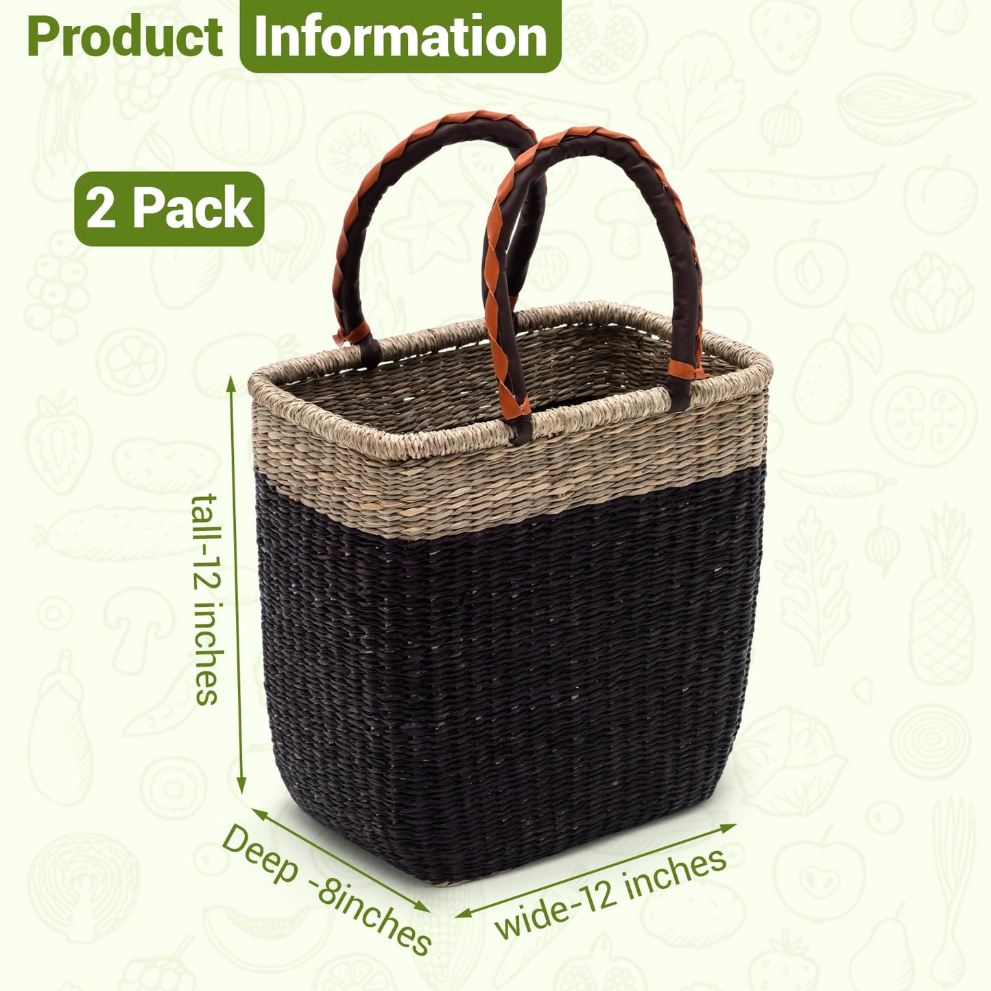 Briwooody 2 Pack Large Wicker Picnic Basket with Leather Handles Reinforced Edge & Base Multi-functional Farmer Grocery Bolga African Bag Storage for Market, Picnic, Easter, Camping, Home Organization