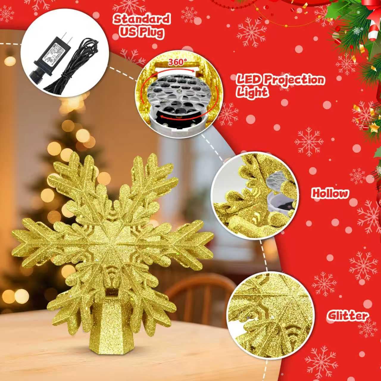 Christmas Tree Topper Lighted with Snowflake Projector, LED Rotating 3D Glitter Tree Topper for Christmas Tree, Christmas Decorations Lights