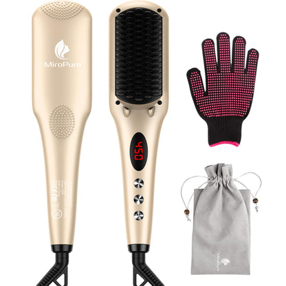 Enhanced Ceramic Hair Straightener Brush by MiroPure, 2-in-1 Ionic Straightening Brush with Anti-Scald Feature, Auto Temperature Lock & Auto-Off Function (Black)