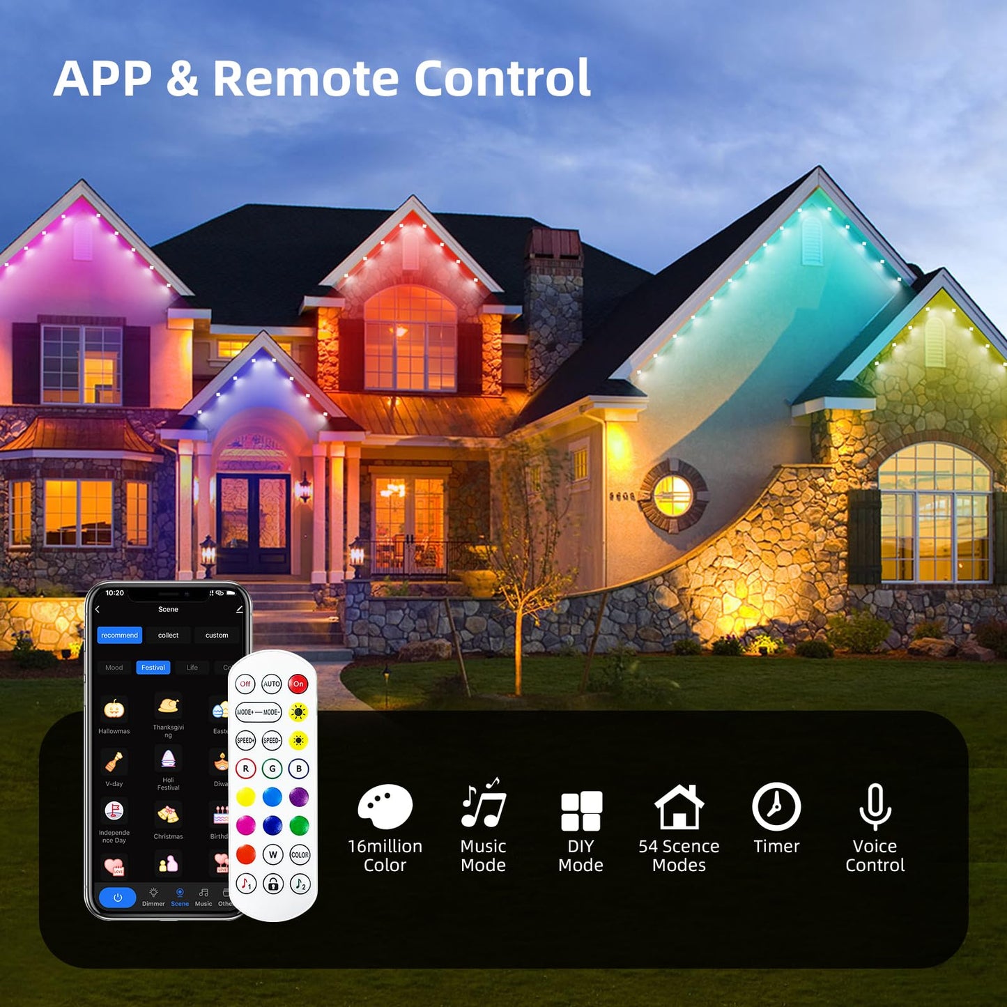 Permanent Outdoor Lights, 100ft Smart RGB+IC Outdoor Light, IP67 Waterproof 72 LED Eaves Lights, Year-Round Outdoor Lighting for New Year, Holiday, Daily Lighting, Christmas, APP/Voice/Remote/Control