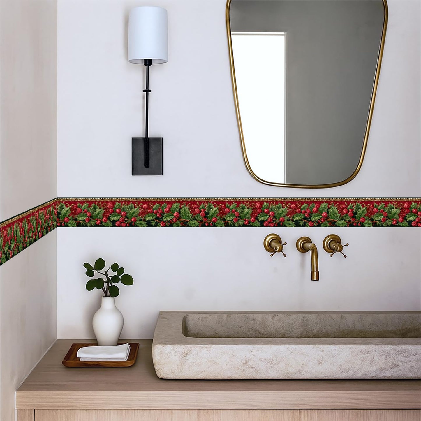 IOHEFY Christmas Red Berry Wallpaper Border 196x4 Inch Peel and Stick Wall Border Self Adhesive Holiday Green Leaf Removable Vinyl Trim for Living Room Bedroom Bathroom Kitchen Cabinet Decoration