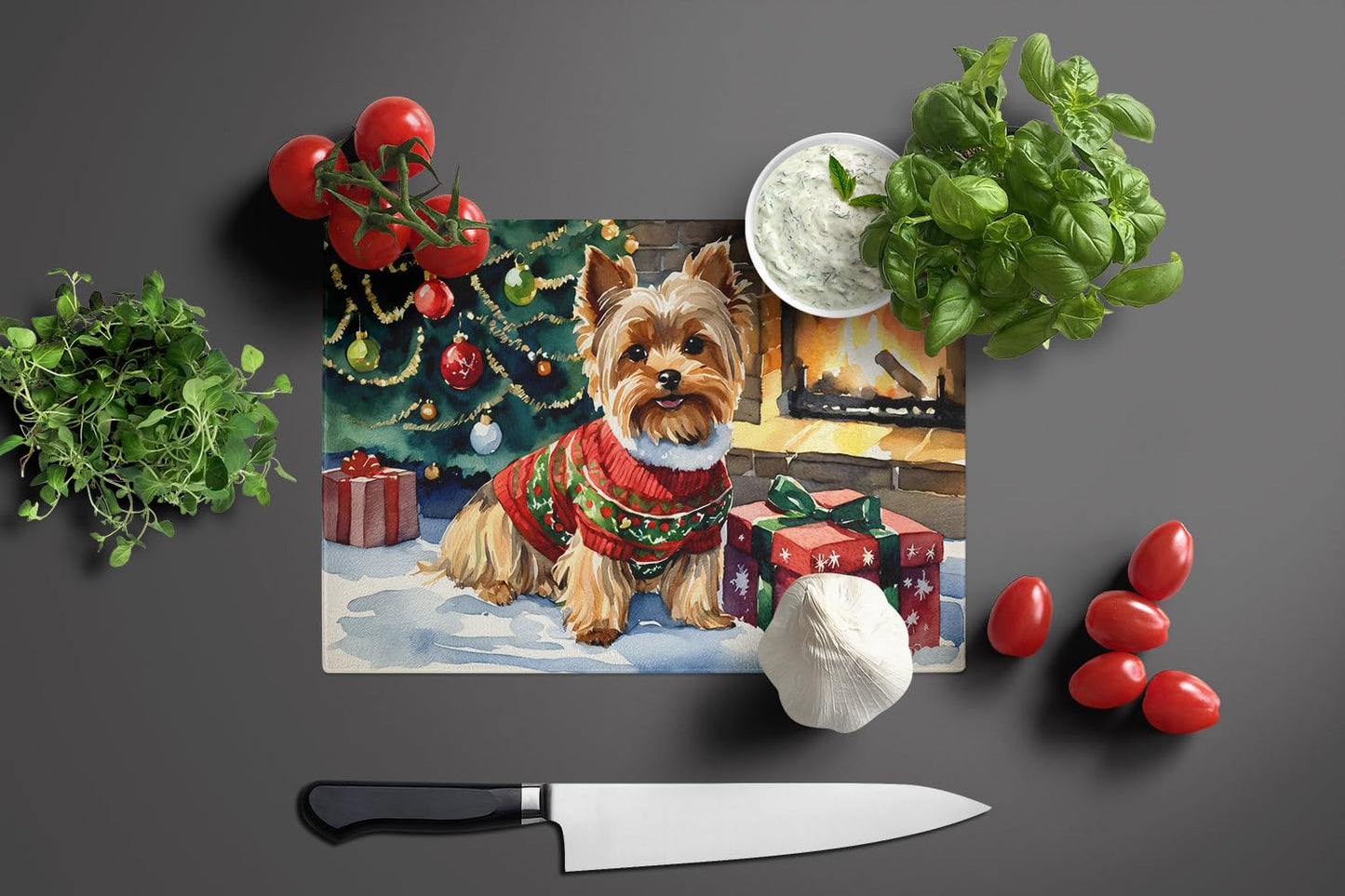 Caroline's Treasures DAC2768LCB Yorkshire Terrier Cozy Christmas Glass Cutting Board Large Decorative Tempered Glass Kitchen Cutting and Serving Board Large Size Chopping Board