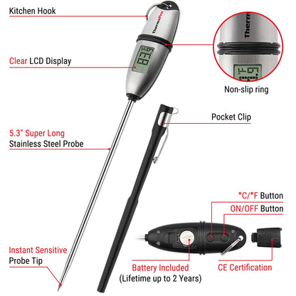 ThermoPro TP02S Digital Food Thermometer for Cooking Bread Baking Sourdough Liquids, Meat Thermometer Digital with Super Long Probe for Grill Candy Kitchen BBQ Oil Milk Yogurt Water Temperature