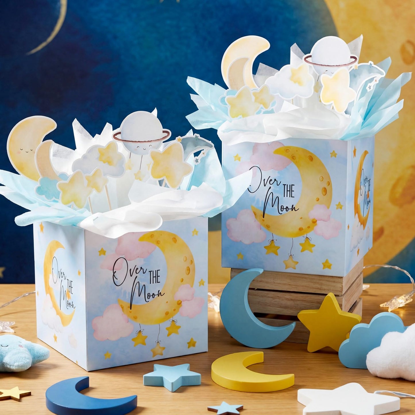 Spiareal 9 Set Moon Themed Party Decorations Moon Themed Table Centerpieces with Boxes Star Cloud Cutouts Toppers Wooden Sticks and Tissue Paper Baby Shower Gender Reveal Party Table Decor