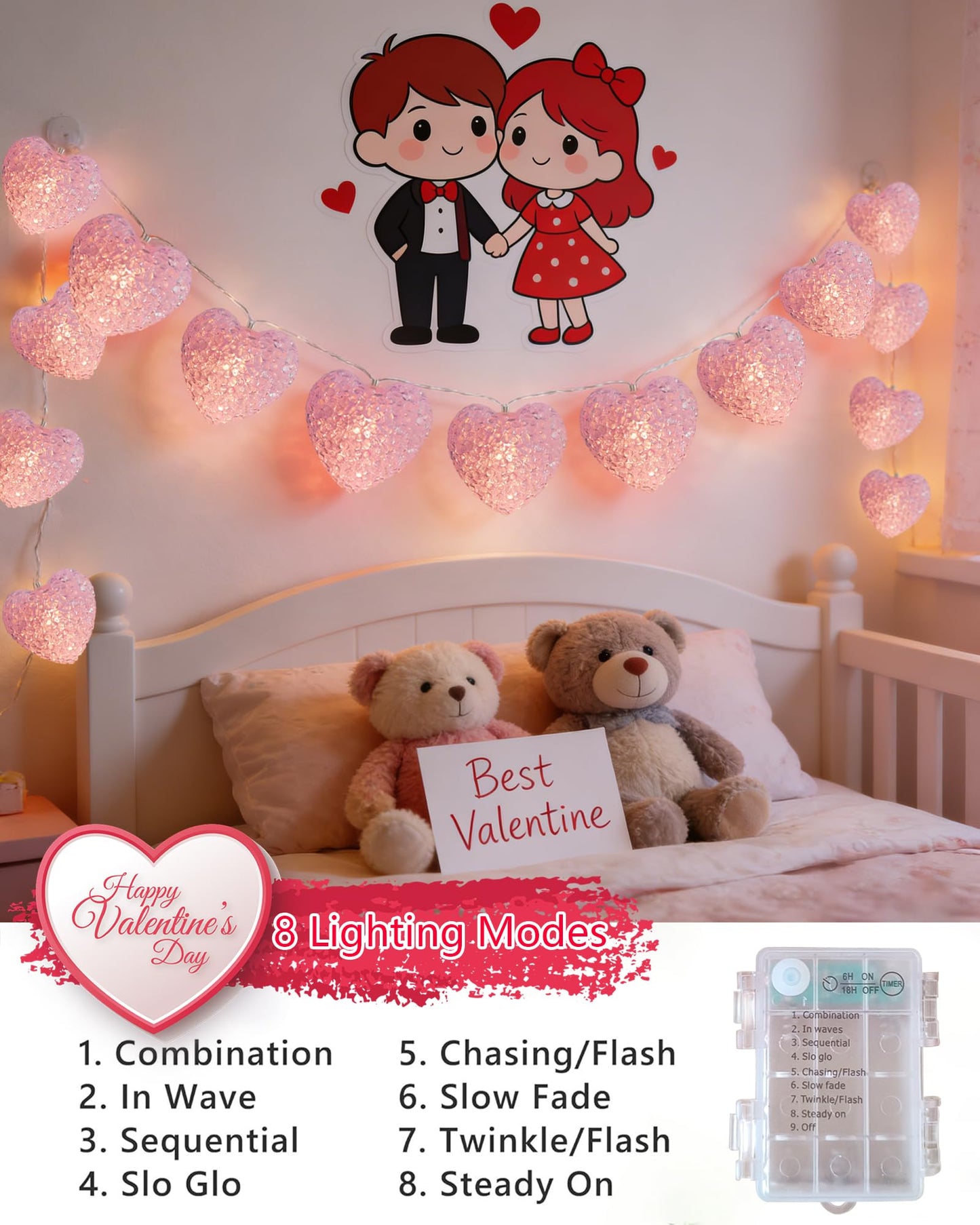 Myhimx Valentines Day Lights 7ft 10 LED Pink Heart String Lights Battery Operated with Timer, Shatterproof Valentine Heart Light for Indoor Outdoor Home Bedroom Christmas Valentines Decor