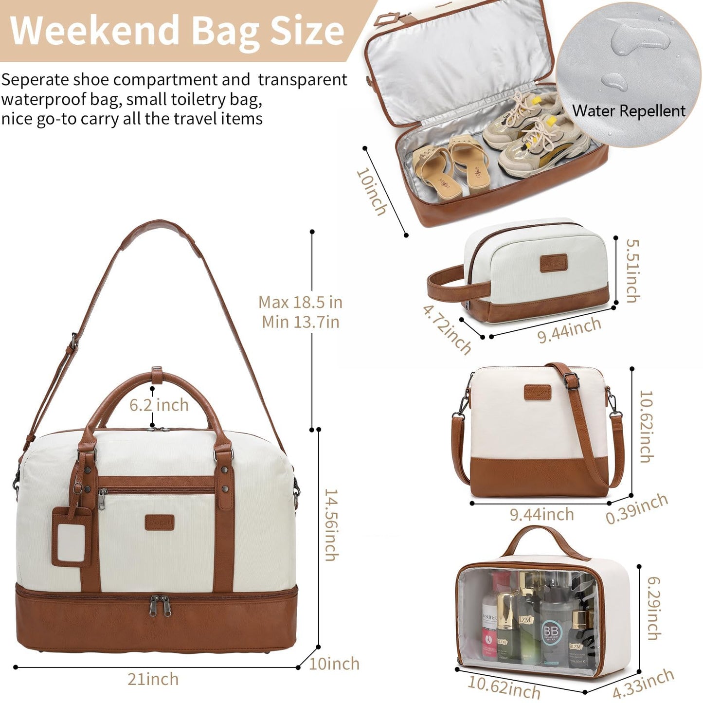 Wogarl 4PCS Weekender Bags for Women Large Overnight Weekend Travel Duffel Carry on Shoulder with Shoe Compartment Canvas Toiletry Bag for Travel Business Gym,Beige