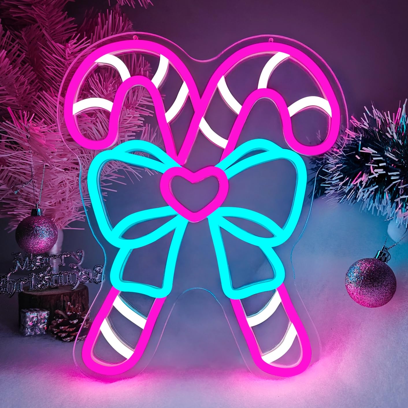 Pink Candy Canes Neon Sign Candy Christmas Neon Sign for Wall Decor Pink Christmas Decor Led Sign with Bow Xmas Neon Light Up Signs for Window Bedroom Holiday Xmas Party Home Decoration Gift Winter