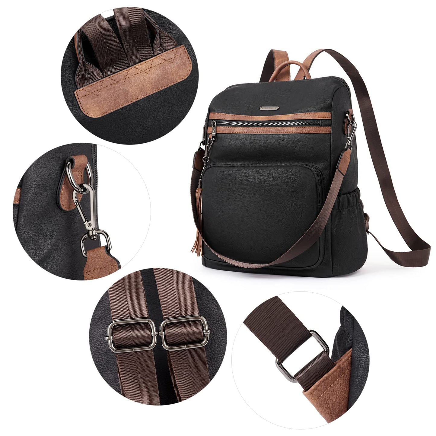 CLUCI Backpack Purse for Women Fashion Leather Designer Travel Large Ladies Shoulder Bags with Tassel Oil Wax Black